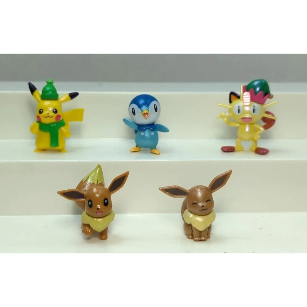 Pokemon Holiday Piplup Meowth Pikachu Figures Christmas Hat Eevee lot 5